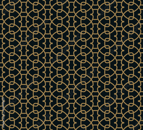 Seamless pattern of intersecting thin gold lines on black background. Abstract seamless ornament.