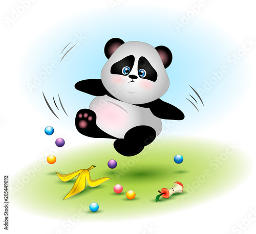 Fatty and clumsy panda bear falls over garbage.