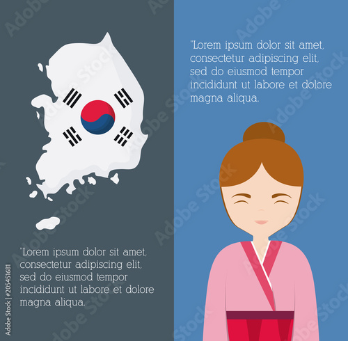 Infographic of south korea design with cartoon korean girl and map over gray and blue background, colorful design. vector illustration