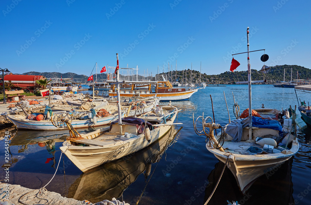 Marine parking of boats and yachts in Kekova is a sunken city in Turkey.