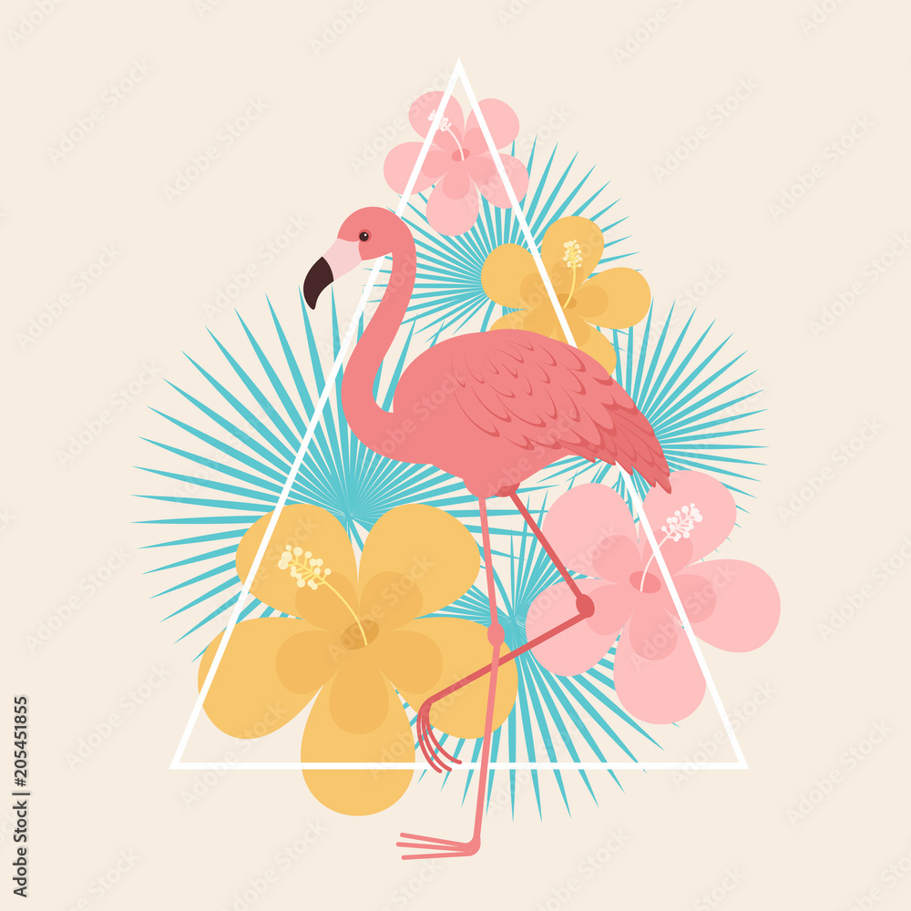Flamingo with tropical flowers and leaves Flamingo with tropical flowers and leaves