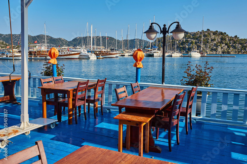 The cozy terrace of local restaurant offers diversity of sea food, Kekova, Turkey