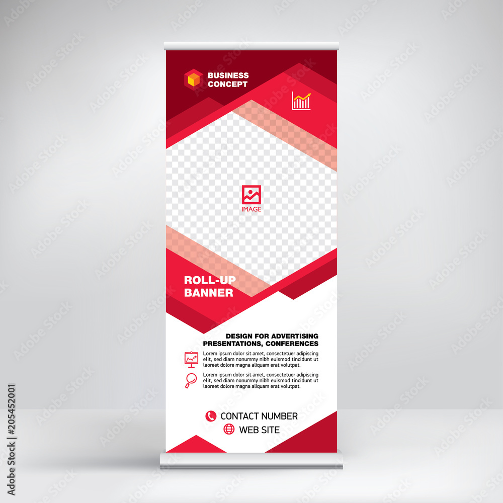 Roll-up banner, advertising template stand for the exhibition. Design for seminars, presentations, conferences, promotions, modern business concept, creative geometric red background Roll-up banner, advertising template stand for the exhibition. Design for seminars, presentations, conferences, promotions, modern business concept, creative geometric red background