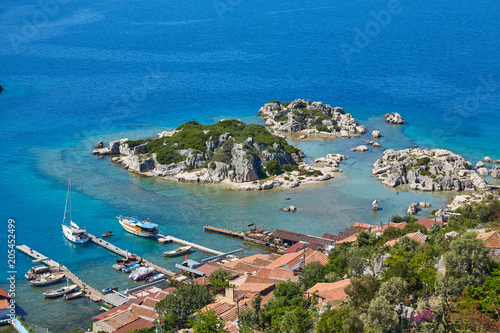 Scenic view of of Kekova Island and Kalekoy from Simena Castle, Turkey.