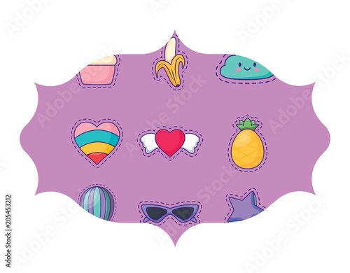 arabic frame with fruits and hearts pattern over white background, colorful design. vector illustration