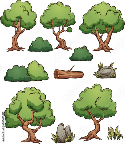 Cartoon forest trees, bushes, hedges and rocks. Vector clip art illustration with simple gradients. Each on a separate layer. 