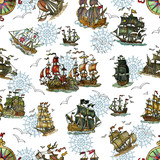 Seamless pattern with old sailing ships and compass on white. Pirate adventures, treasure hunt and old transportation concept. Hand drawn colorful illustration, vintage background