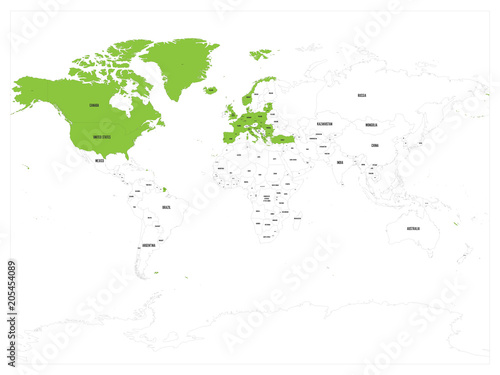 North Atlantic Treaty Organization, NATO, member countries highlighted by green in world political map. 29 member states since June 2017.