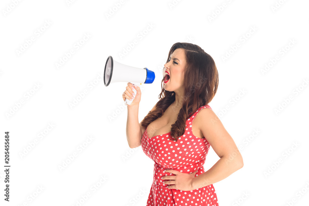 mad plus size woman shouting at loudspeaker isolated on white mad plus size woman shouting at loudspeaker isolated on white