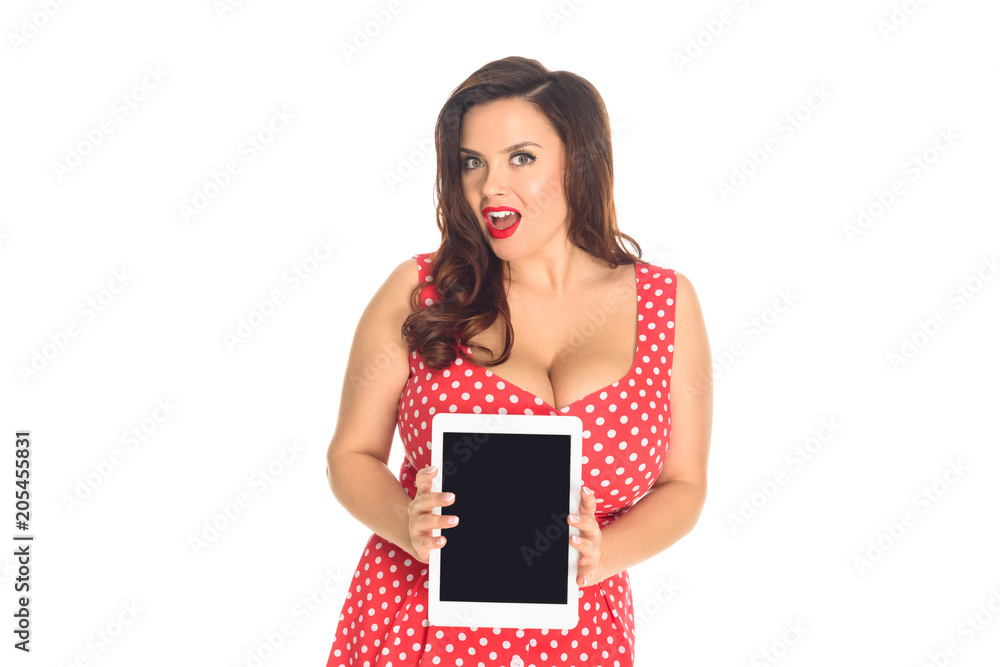 emotional plus size woman in red dress holding tablet with blank screen isolated on white emotional plus size woman in red dress holding tablet with blank screen isolated on white