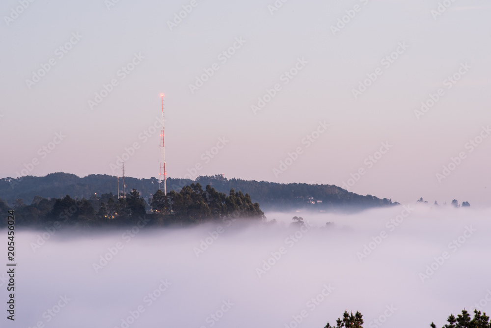 Berkeley radio tower shrouded by fog
