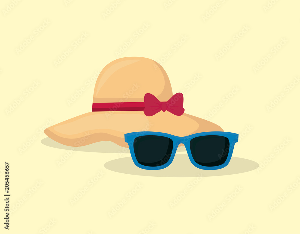 beach hat and sunglasses over yellow background, colorful design. vector illustration