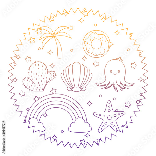 seal stamp with cute octopus and related icons pattern over white background, vector illustration