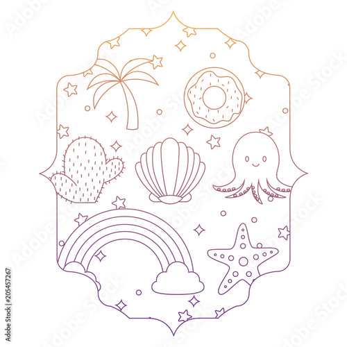 arabic frame with cute octopus and related icons pattern over white background, vector illustration