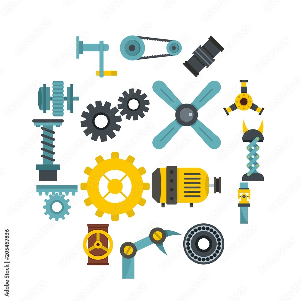 Techno mechanisms kit icons set in flat style isolated vector illustration