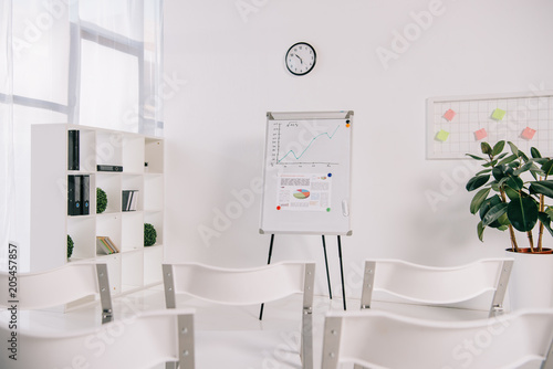 white empty chairs and white board with graphic in office, business training concept