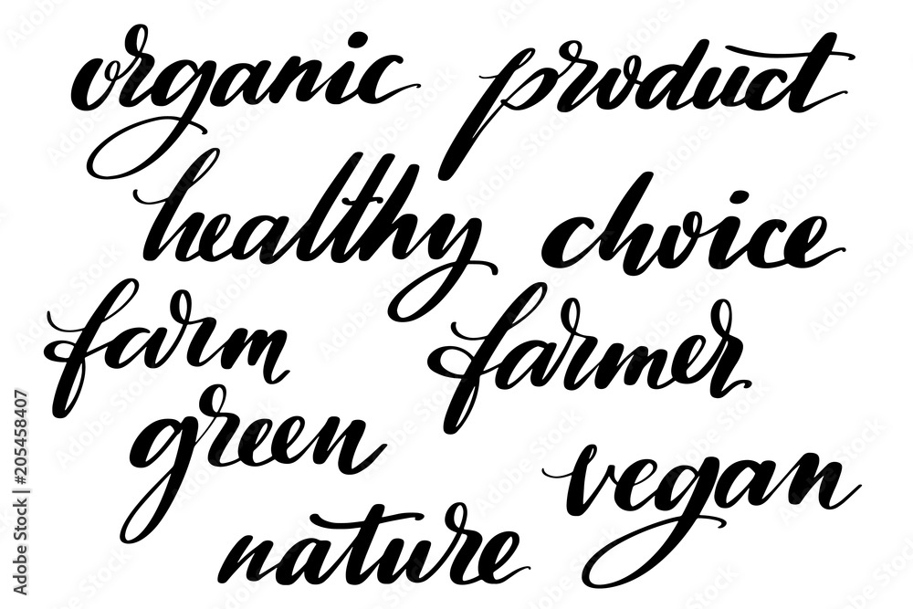 Set of healthy organic farming words. Hand drawn creative calligraphy and brush pen lettering, design for holiday greeting cards and invitations.