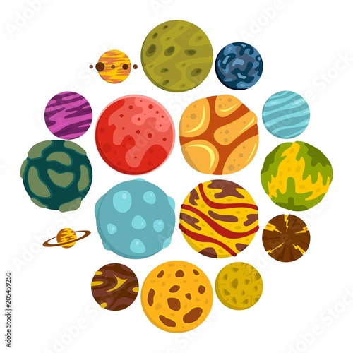 Fantastic planets icons set in flat style isolated vector illustration
