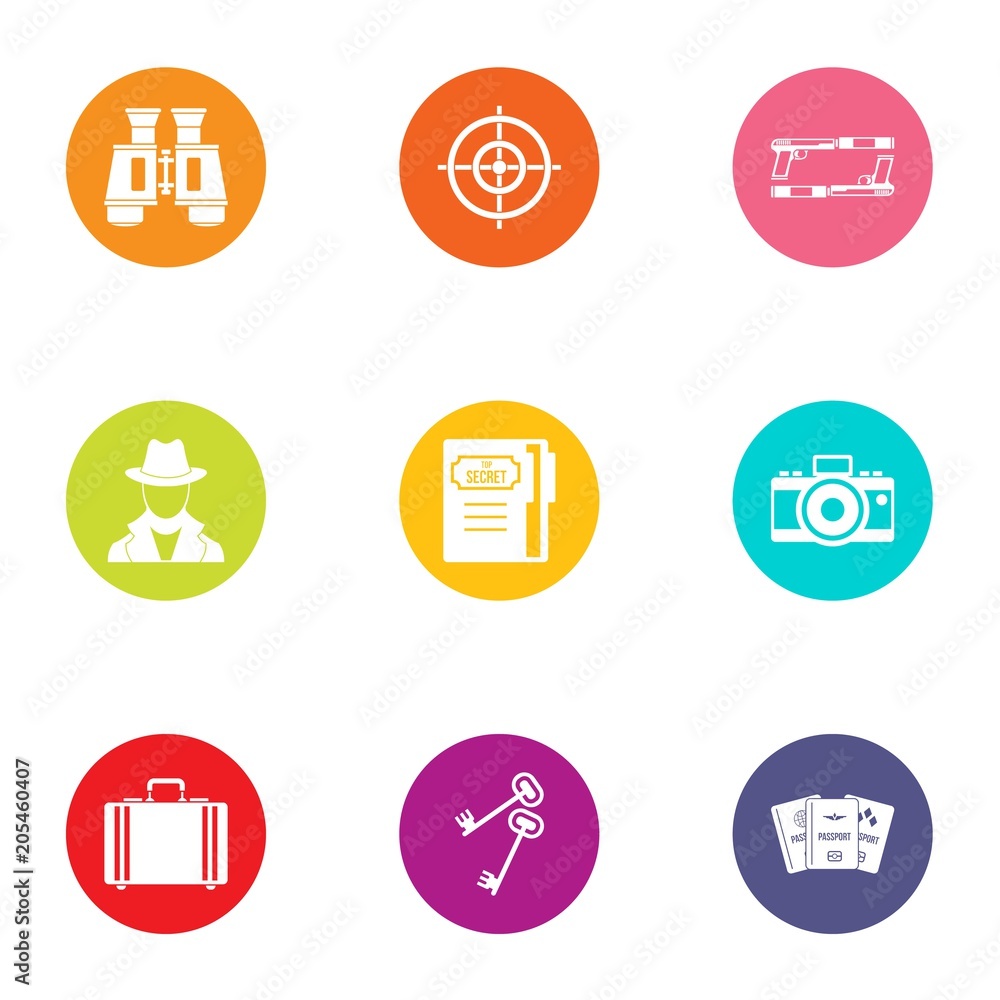 Spy game icons set. Flat set of 9 spy game vector icons for web isolated on white background Spy game icons set. Flat set of 9 spy game vector icons for web isolated on white background
