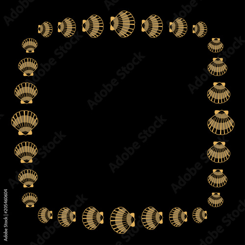 Gold seashell vector graphics, pearl bivalved mollusks illustration. Oceanic scallop, bivalve pearl shell, marine mollusk isolated wild life-nature background. Simple sea shell vector.