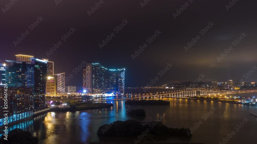 night illuminated macau cityscape bay panorama 4k timelapse china
