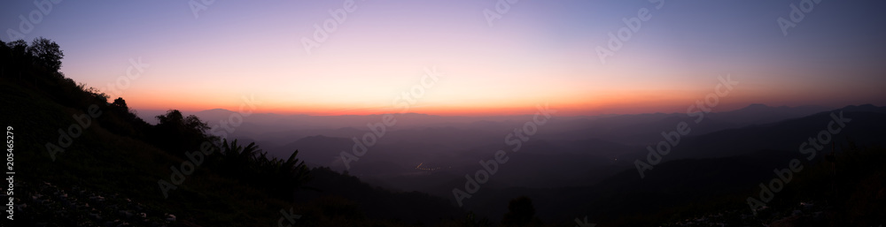 Panorama view of Sunset on the mountain.