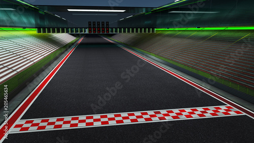 View of the infinity empty asphalt international race track with start and finish line, night scene .  3d rendering . © jamesteohart