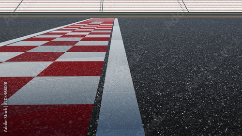 Low angle side view empty asphalt international race track with start and finish line. 3d rendering .