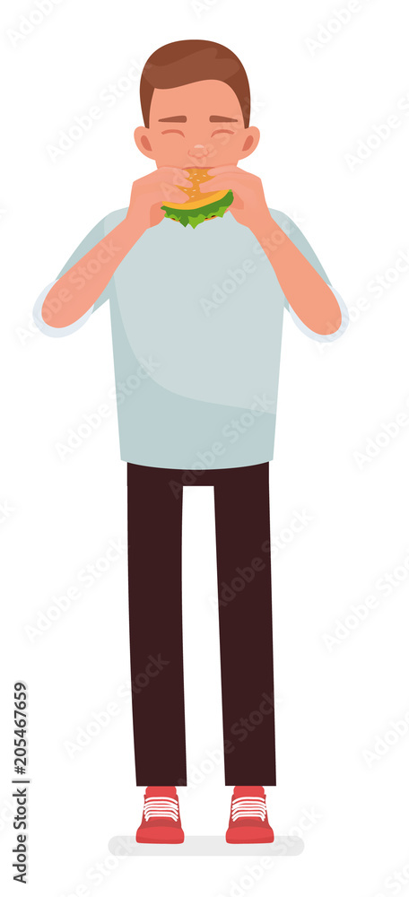 A happy guy eating hamburger vector cartoon design illustration isolated on white background. Vertical layout. A happy guy eating hamburger vector cartoon design illustration isolated on white background. Vertical layout.