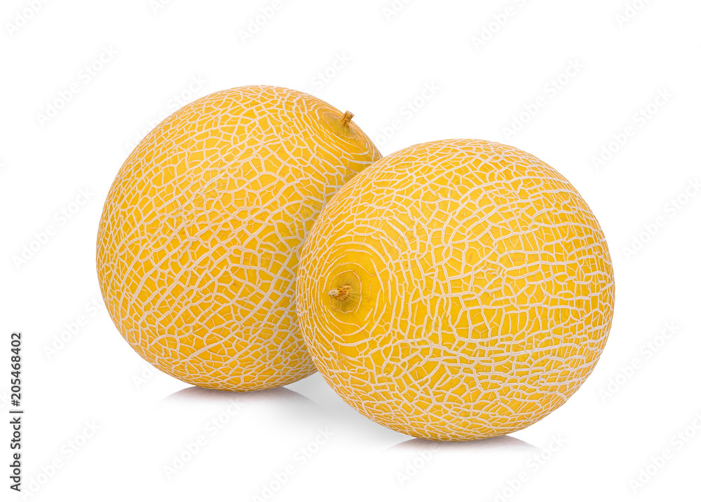 two whole of pearl orange melon isolated on white background two whole of pearl orange melon isolated on white background