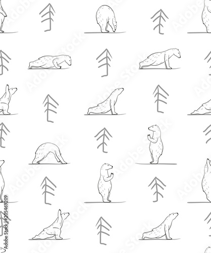 funny yoga with polar bear seamless pattern, fitness white bears, yoga poses, Surya Namaskara meditation. Ashtanga vinyasa yoga poses