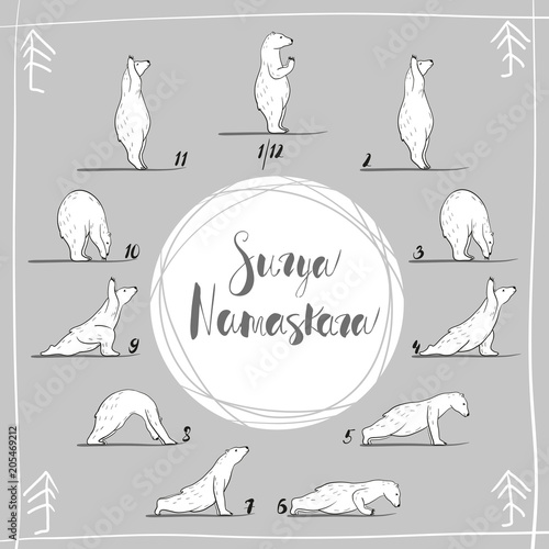 funny yoga with polar bear, fitness white bears, yoga poses, Surya Namaskara meditation. Ashtanga vinyasa yoga poses