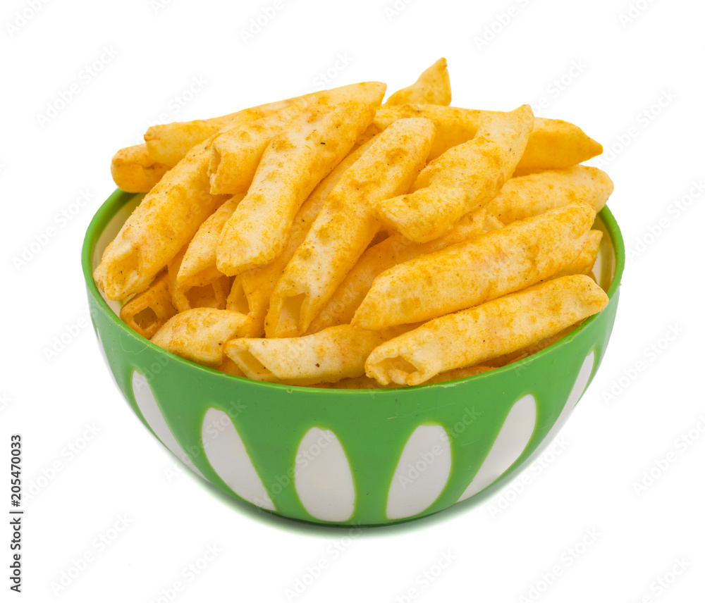 Delicious Lightly Spiced Fries Snack Served in Bowl isolated on White Background Delicious Lightly Spiced Fries Snack Served in Bowl isolated on White Background