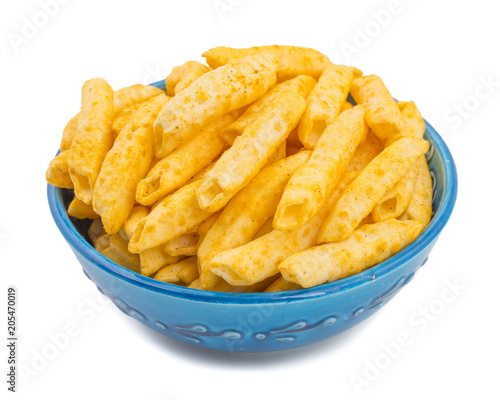 Delicious Lightly Spiced Fries Snack Served in Bowl isolated on White Background