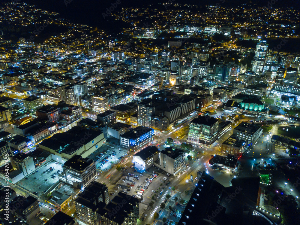 Aerial, City Lights At Night Illuminated Streets 