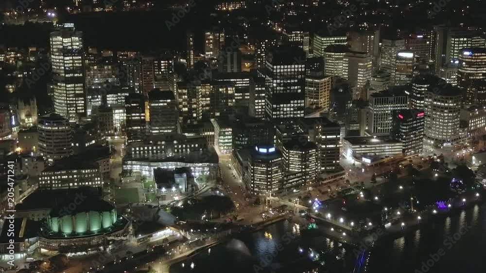 Aerial, City Center At Night, Lights Of Buildings And Street Lights Aerial, City Center At Night, Lights Of Buildings And Street Lights