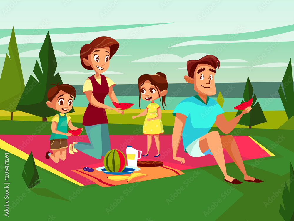 Vector cartoon caucasian family at outdoor picnic party at weekend. Cheerful adult couple - mother and father, boy and girl kids together eating watermelon sitting at cover on green grass at park.