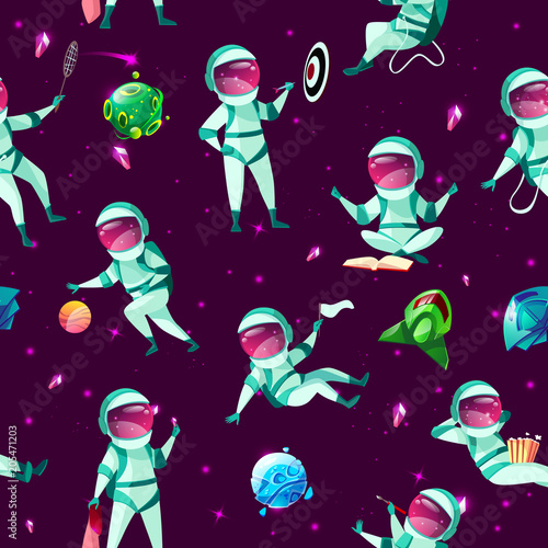 Vector seamless pattern with funny cute spacemen playing darts, basketball, badminton meditating, eating popcorn in outer space in spacesuit within cosmic objects