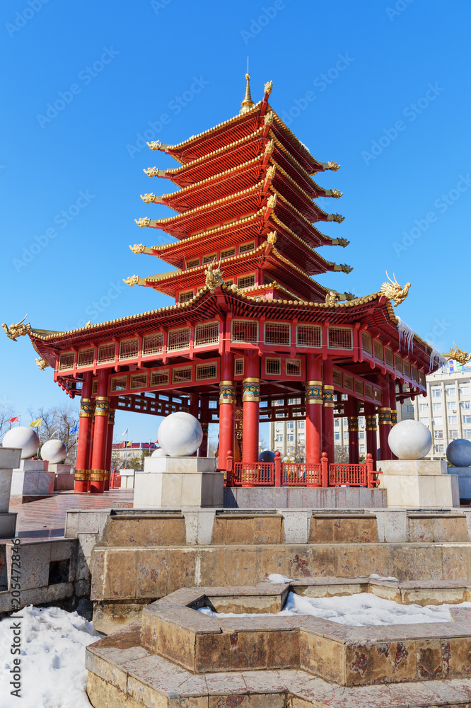Naklejka premium Pagoda of the Seven Days in spring. Elista. Kalmykia. Russia