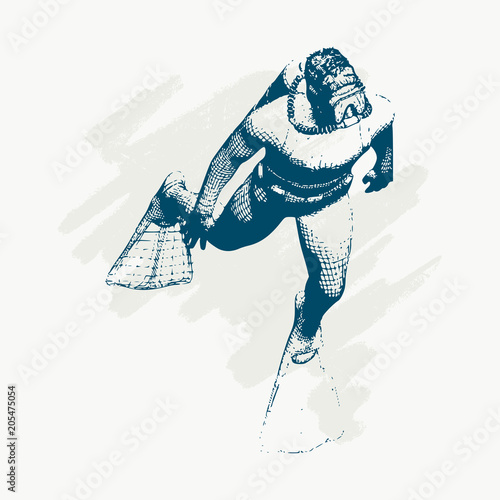 Silhouette of diver. Icon diver. The concept of sport diving. Vintage engraved illustration