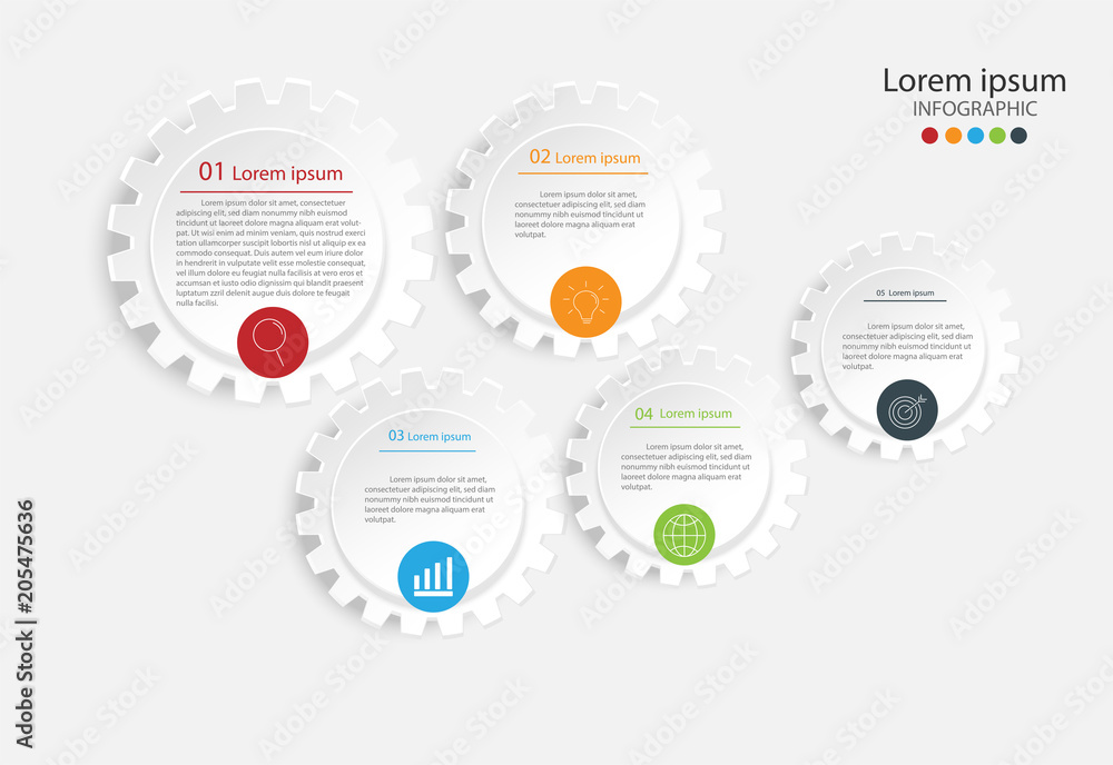 Modern design elements for business and communication technology concept Multicolor infographics. Vector template with 5 steps Modern design elements for business and communication technology concept Multicolor infographics. Vector template with 5 steps