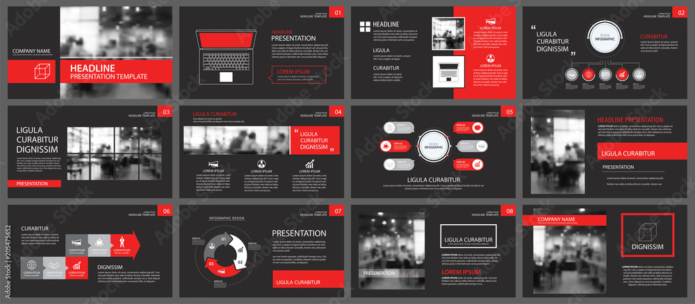 Red and black slide presentation templates background. Infographic business elements. Use for flyer, brochure, leaflet, corporate, marketing, advertising, annual report, banner modern style. - obrazy, fototapety, plakaty 