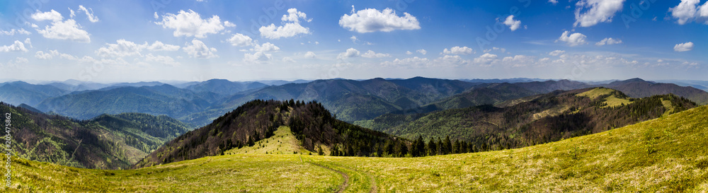 Carpathian mountains view from peak of Parashka mount, national park Skolevski beskidy, Lviv region of Western Ukraine