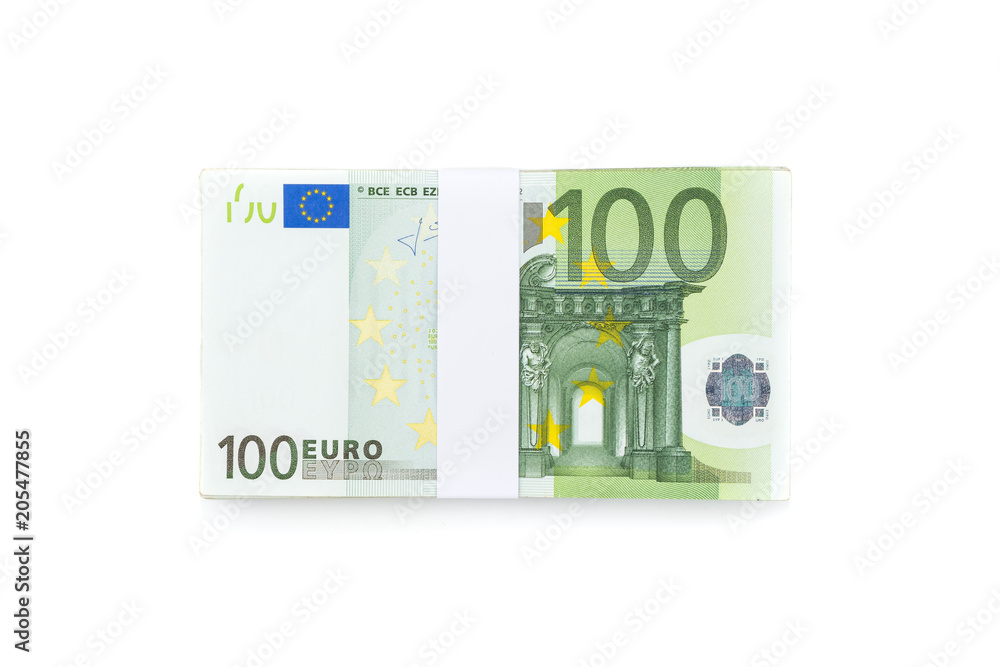 Stack of one hundred euro bills isolated on white background for financial, banking and business. Stack of one hundred euro bills isolated on white background for financial, banking and business.