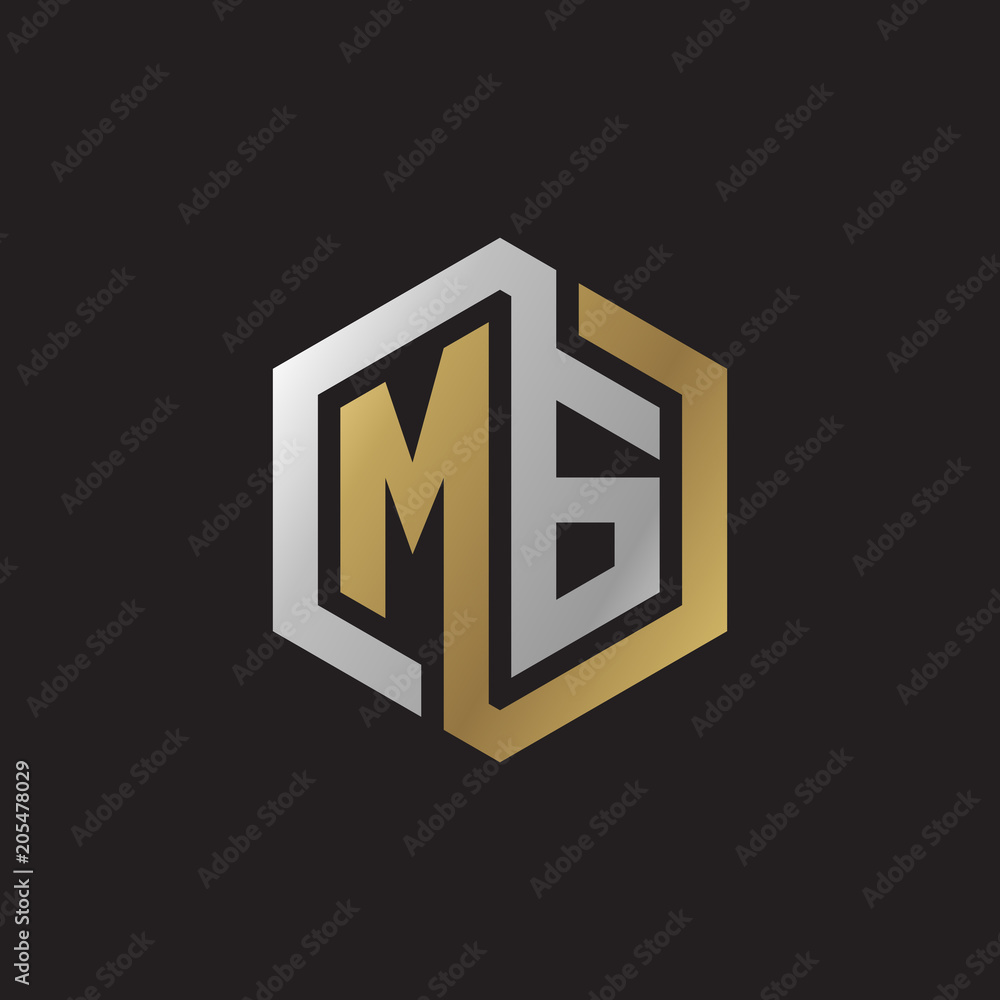Initial letter MG, looping line, hexagon shape logo, silver gold color on black background Initial letter MG, looping line, hexagon shape logo, silver gold color on black background