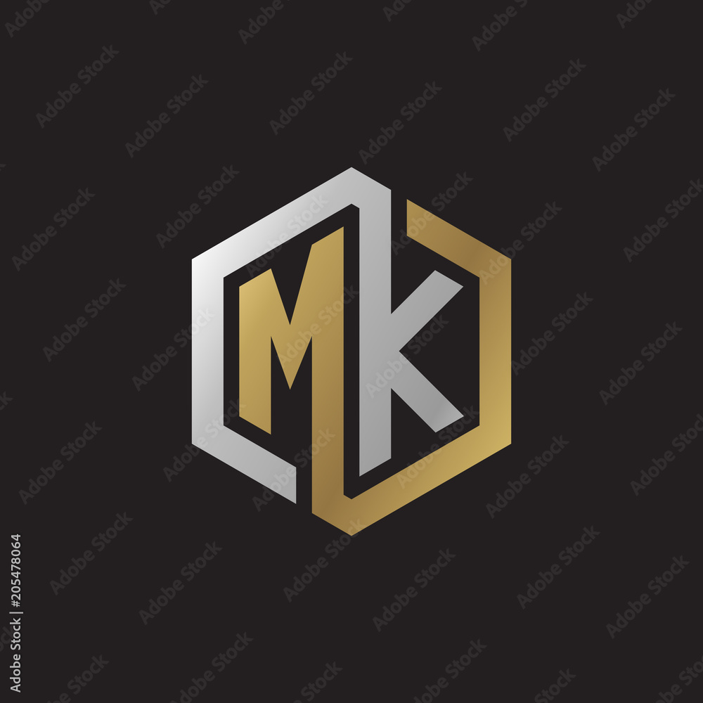 Initial letter MK, looping line, hexagon shape logo, silver gold color on black background Initial letter MK, looping line, hexagon shape logo, silver gold color on black background
