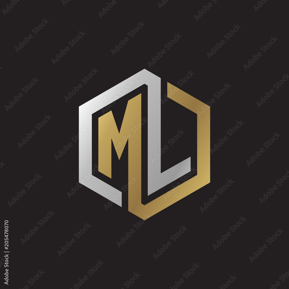 Initial letter ML, looping line, hexagon shape logo, silver gold color on black background Initial letter ML, looping line, hexagon shape logo, silver gold color on black background