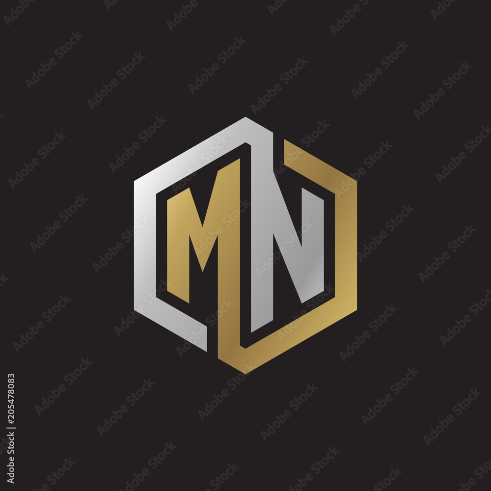 Initial letter MN, looping line, hexagon shape logo, silver gold color on black background Initial letter MN, looping line, hexagon shape logo, silver gold color on black background
