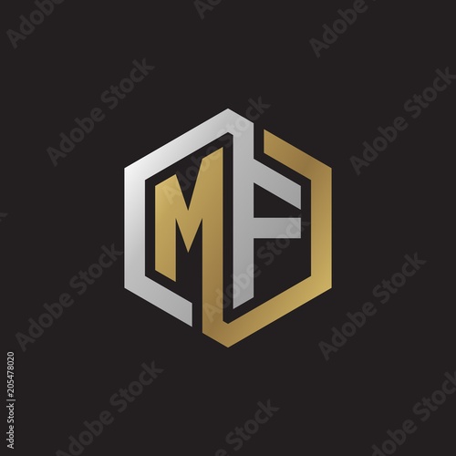 Initial letter MF, looping line, hexagon shape logo, silver gold color on black background photo