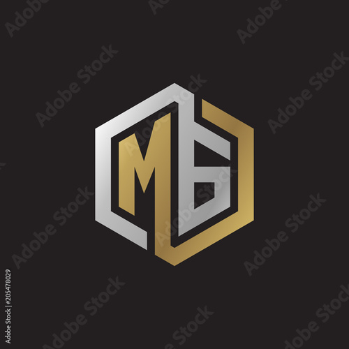 Initial letter MG, looping line, hexagon shape logo, silver gold color on black background